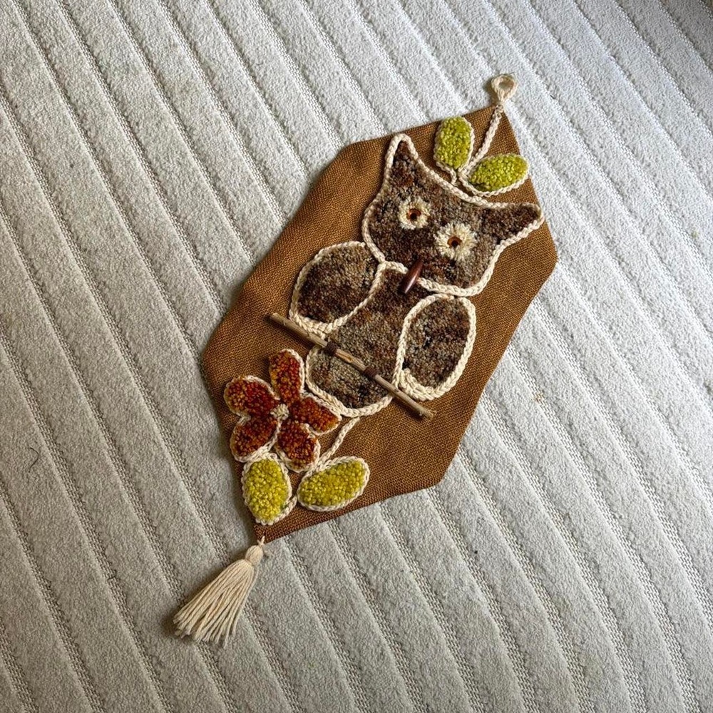 VTG MCM Handcrafted Burlap Owl Wall Hanging Decor Boho Hippie Indie